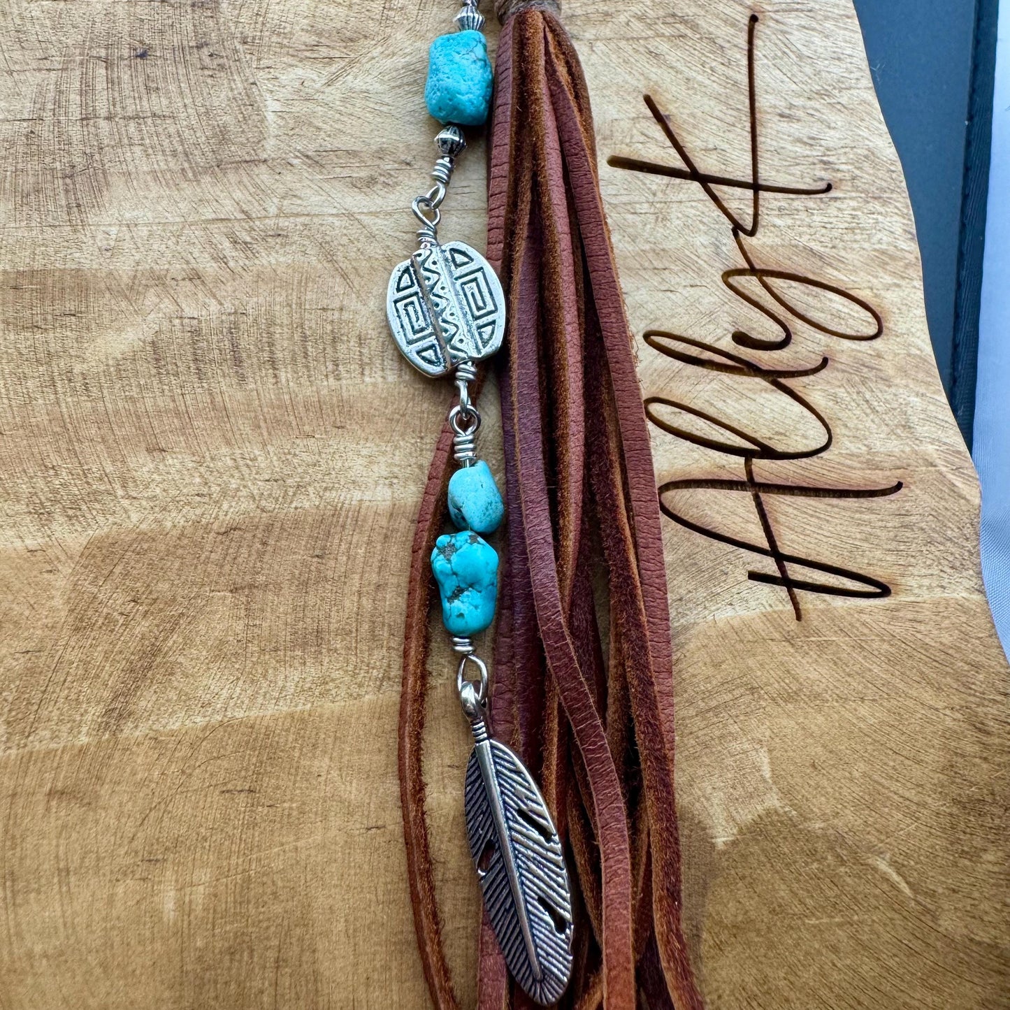 Tribal Oval Charm, Raw Turquoise Pebble Stone Purse Tassel, Southwestern Tassel, Turquoise Keychain, Leather Handbag Accessory