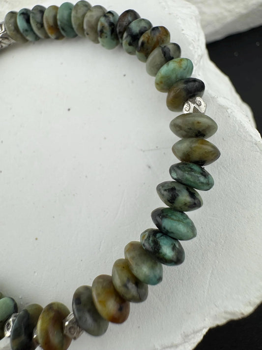 African Turquoise Jasper Bracelet: Sterling Silver, Boho Stretch Gemstone