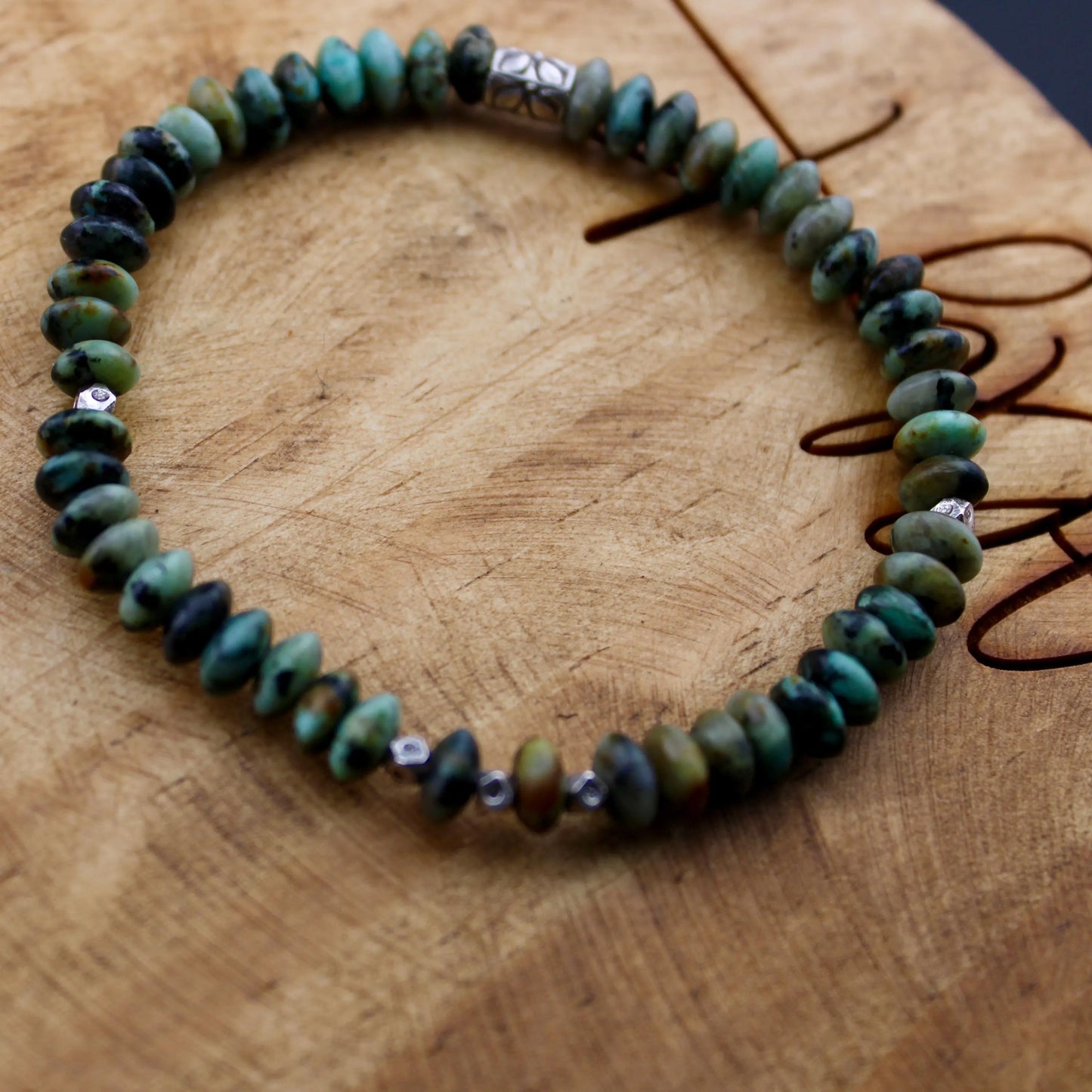 African Turquoise Jasper Bracelet: Sterling Silver, Boho Stretch Gemstone
