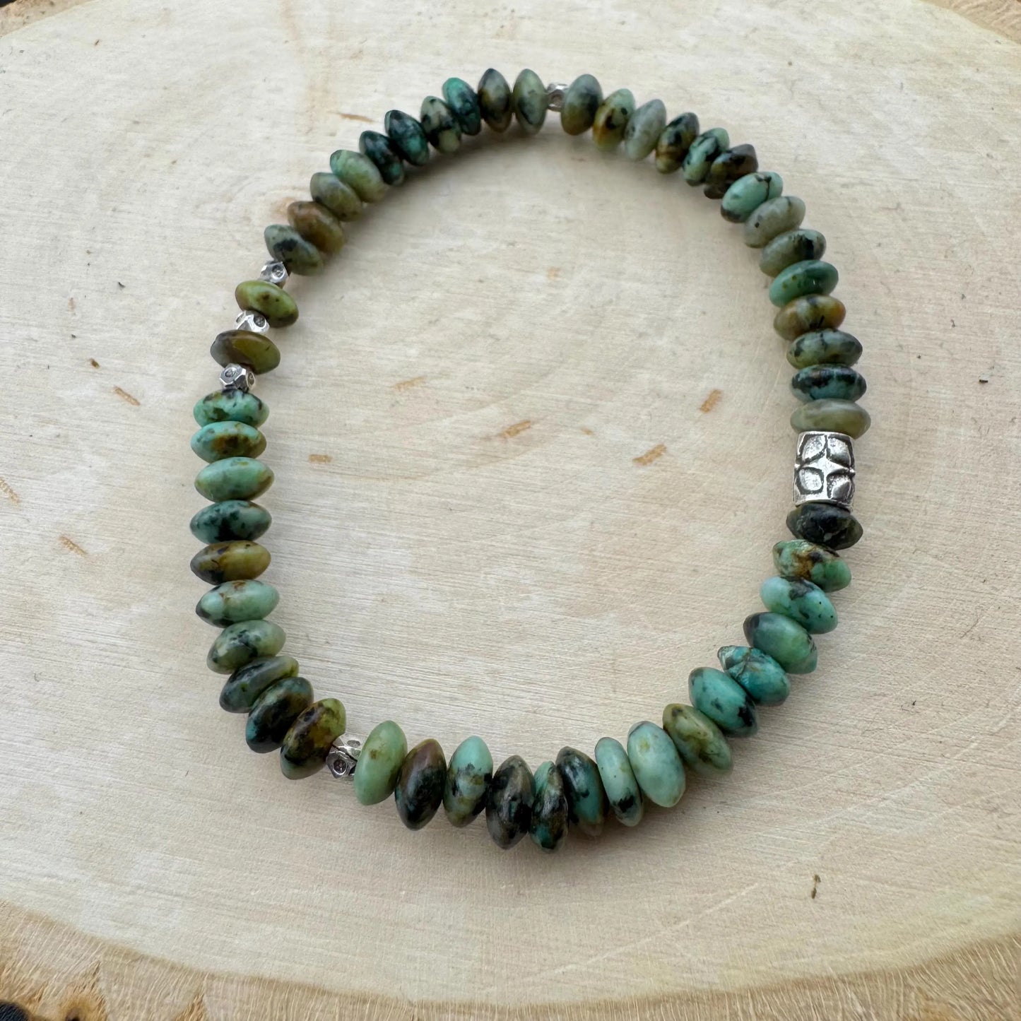 African Turquoise Jasper Bracelet: Sterling Silver, Boho Stretch Gemstone