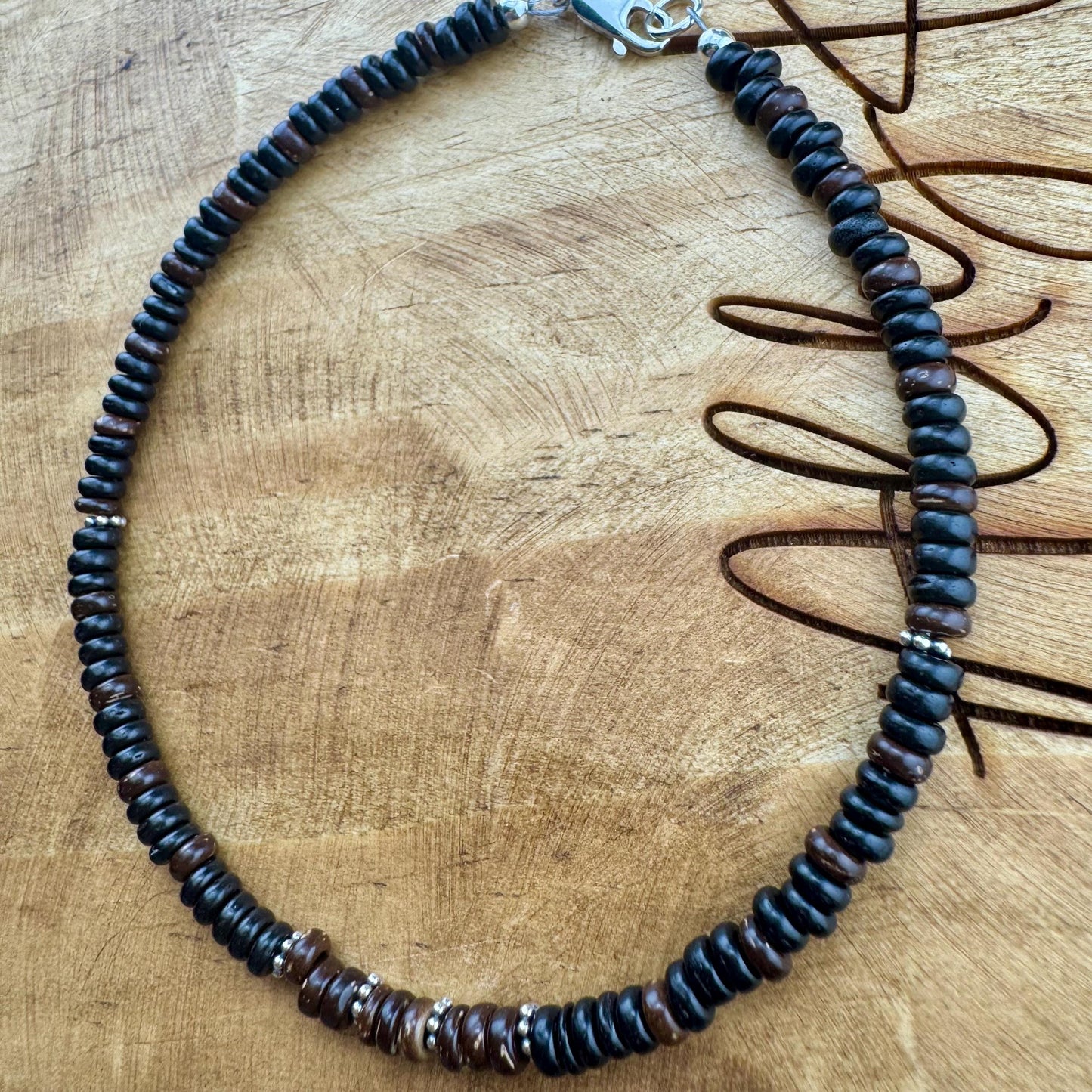 Sterling Silver Coconut Wood Ankle Bracelet, Beach Anklet, Dainty Boho Anklet