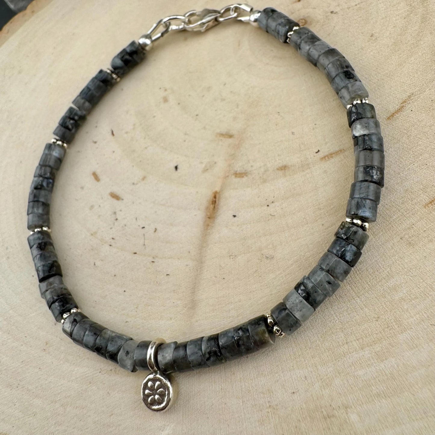 Larvikite Gemstone Bracelet – Sterling Silver Flower Charm, Black Labradorite, Dainty & Handcrafted