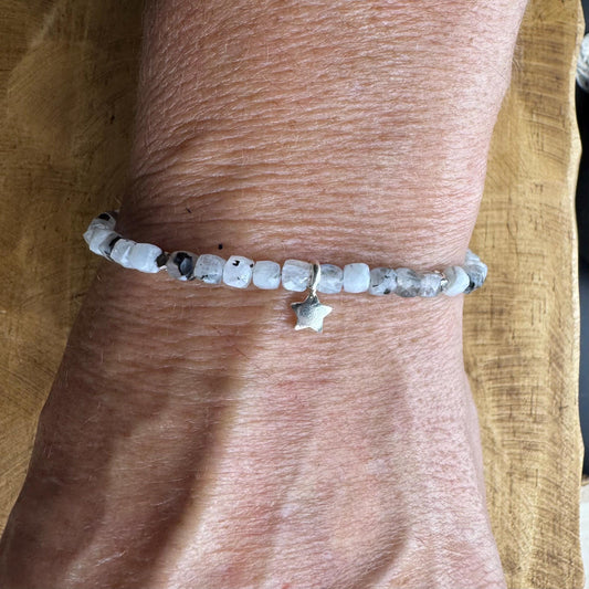 Rainbow Moonstone Sterling Silver Bracelet – Cube Beads with Star Charm | Stackable Gemstone Jewelry