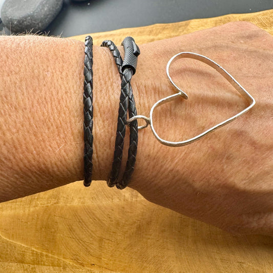 Handmade Sterling Silver Heart Pendant on Genuine Braided Leather Necklace