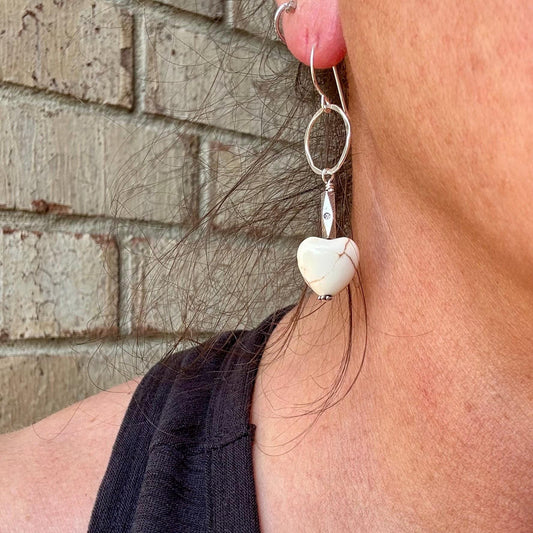 Turquoise Howlite Heart Gemstone Earrings on Sterling Silver Circle, Sterling Silver Gemstone Earrings