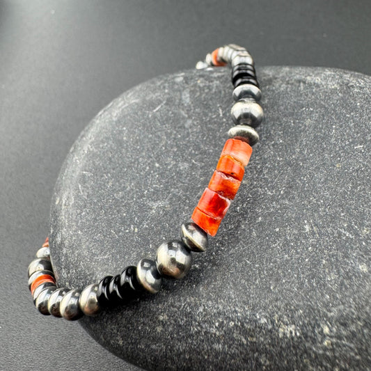 Stretch Navajo Pearl Bracelet with Onyx and Spiny Oyster Gemstones, Sterling Silver Beaded Gemstone Bracelet