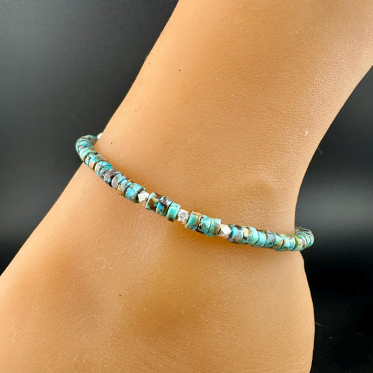 Turquoise Sterling Silver Ankle Bracelet, Sterling Silver Ankle Jewelry, Gemstone Ankle Bracelet