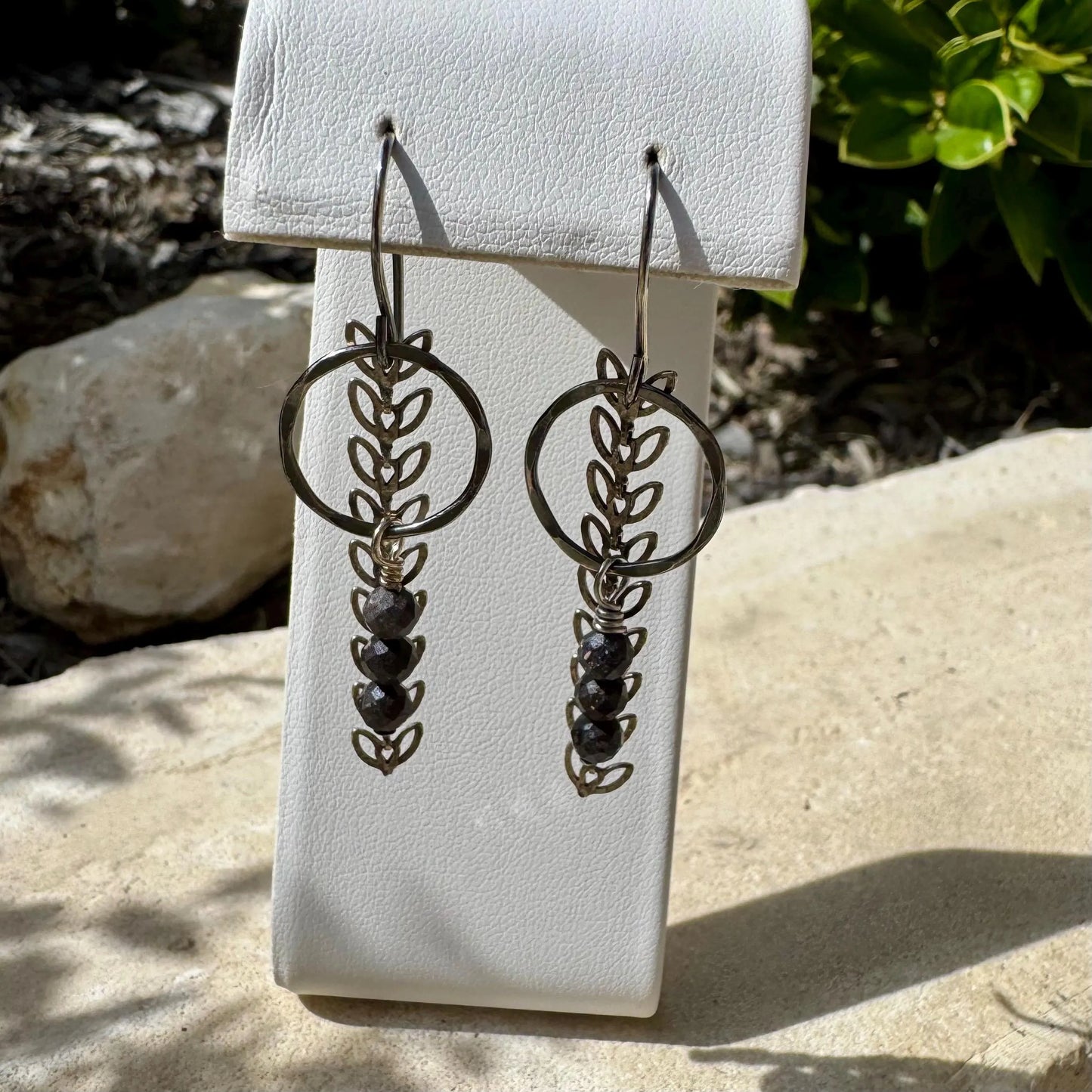 Handmade Australian Black Opal Sterling Silver Chain Circle Earrings