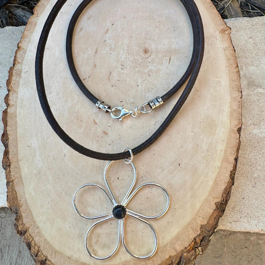 Handmade Sterling Silver Flower Black OnyxPendant on Genuine Leather Necklace