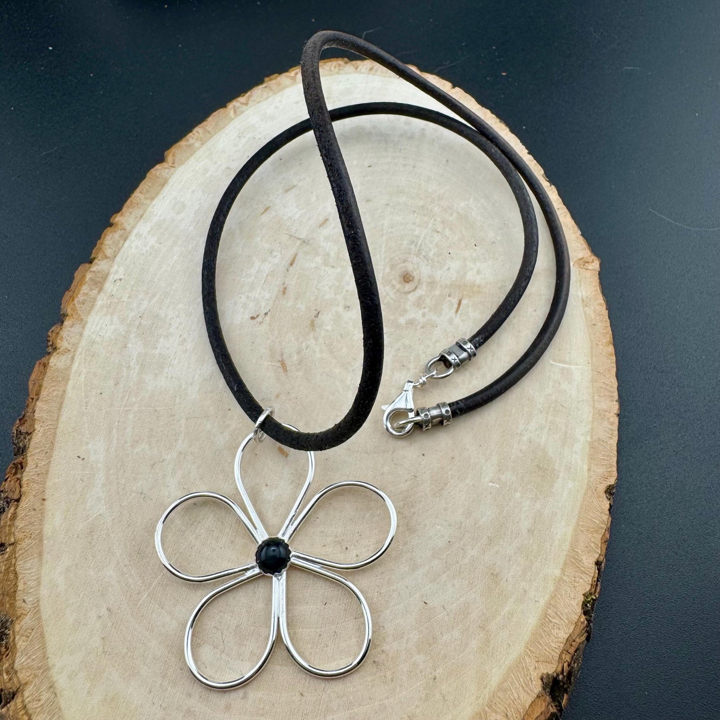 Handmade Sterling Silver Flower Black OnyxPendant on Genuine Leather Necklace