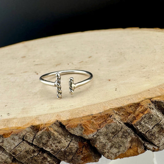 Modern Uneven Rope Vertical Bar Sterling Silver Ring - Handmade Geometric Open Band, Adjustable Ring