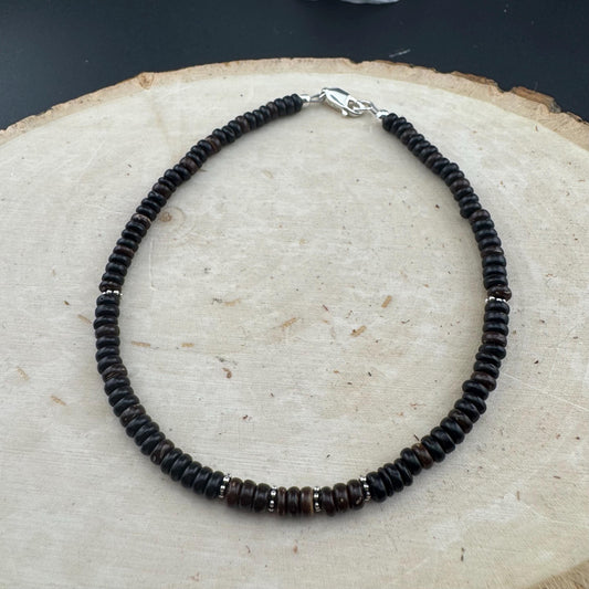 Sterling Silver Coconut Wood Ankle Bracelet, Beach Anklet, Dainty Boho Anklet