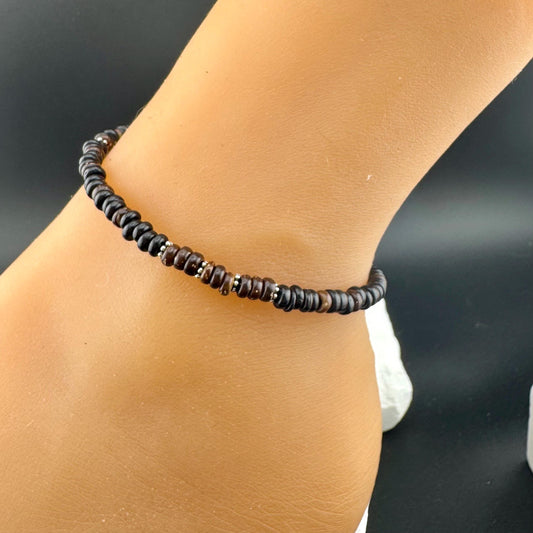 Sterling Silver Coconut Wood Ankle Bracelet, Beach Anklet, Dainty Boho Anklet