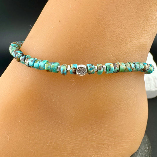 Turquoise Sterling Silver Anklet, Evil Eye Beaded Bracelet, Sterling Jewelry, Gemstone Ankle Bracelet, Turquoise Jewelry