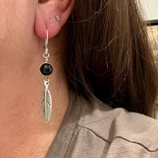Obsidian Feather Dangle Earrings, Sterling Silver Handmade Jewelry