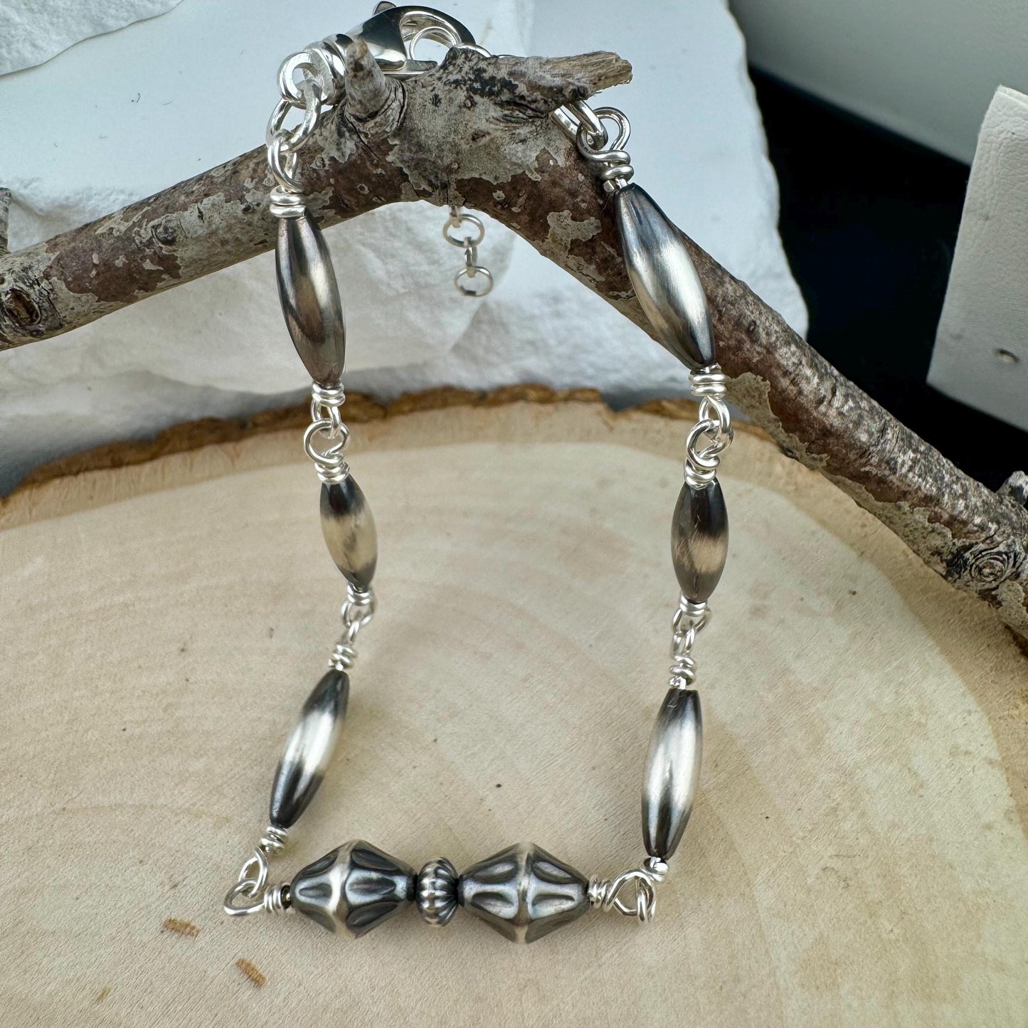 Navajo Pearl Wire Wrapped Bracelet, Sterling Silver Beaded Bracelet, Southwestern Jewelry, Handmade Bracelet