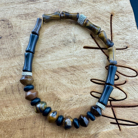 Tiger's Eye and Onyx Stretch Bracelet - Natural Gemstone Jewelry
