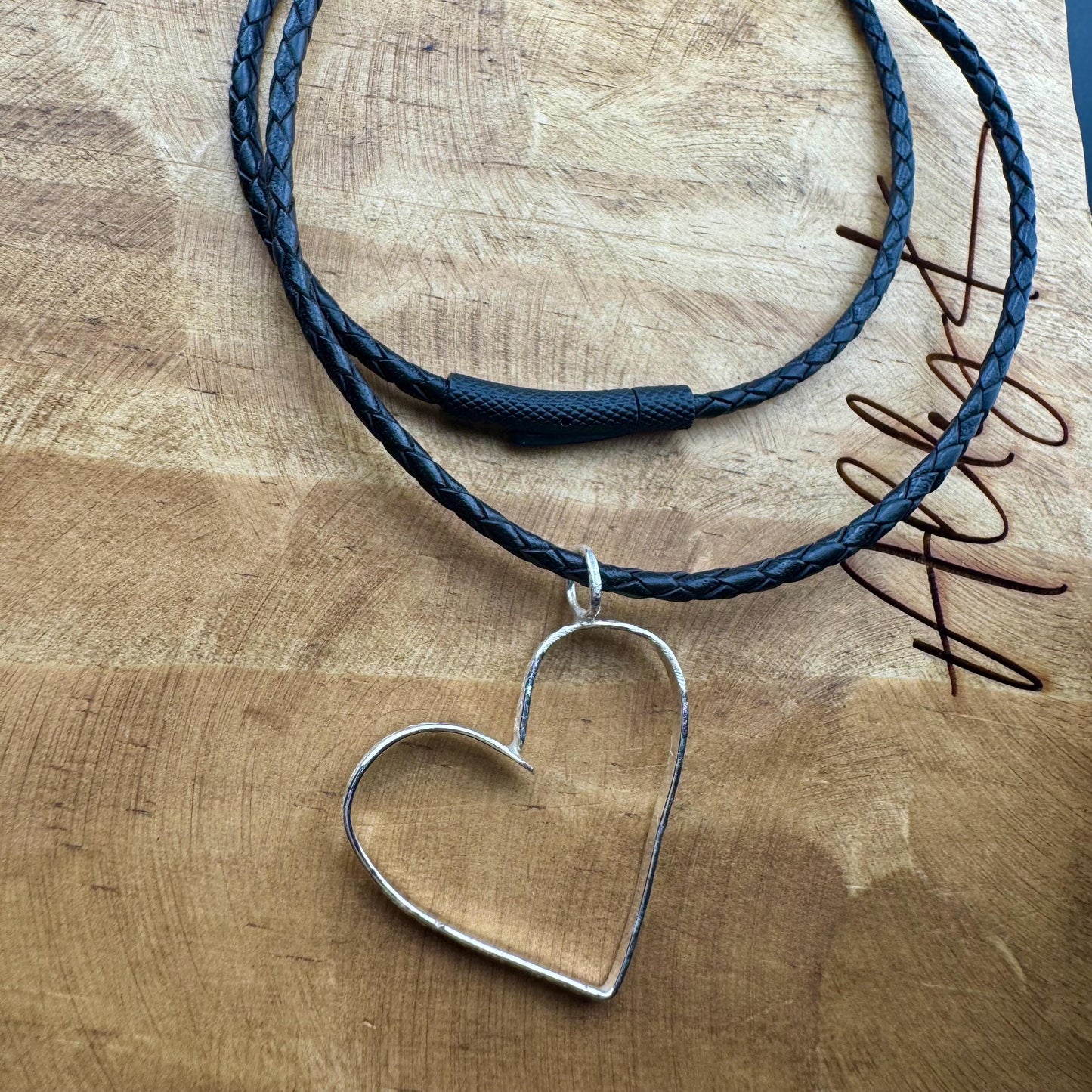 Handmade Sterling Silver Heart Pendant on Genuine Braided Leather Necklace