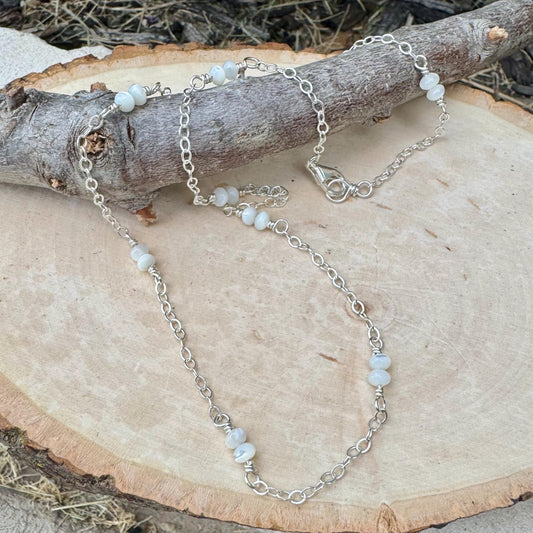 Sterling Silver Cable Chain with Mother of Pearl Spacer Necklace, Pearl Jewelry, Unique Gemstone Necklace