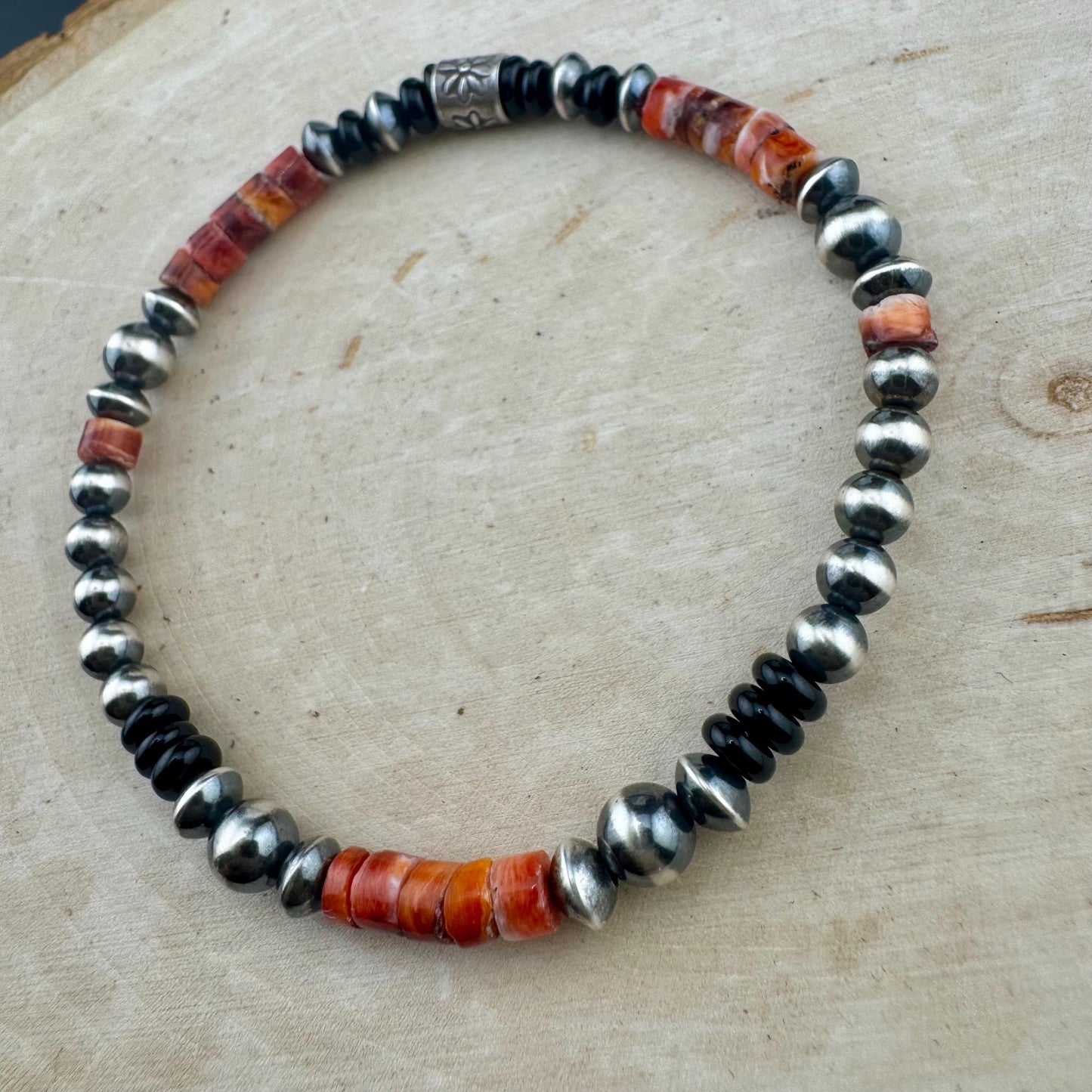 Stretch Navajo Pearl Bracelet with Onyx and Spiny Oyster Gemstones, Sterling Silver Beaded Gemstone Bracelet