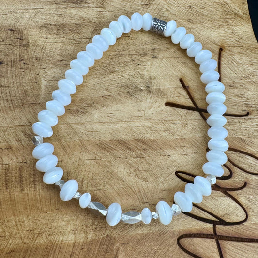 Stretch Mother of Pearl Bracelet - Sterling Silver Gemstone Jewelry