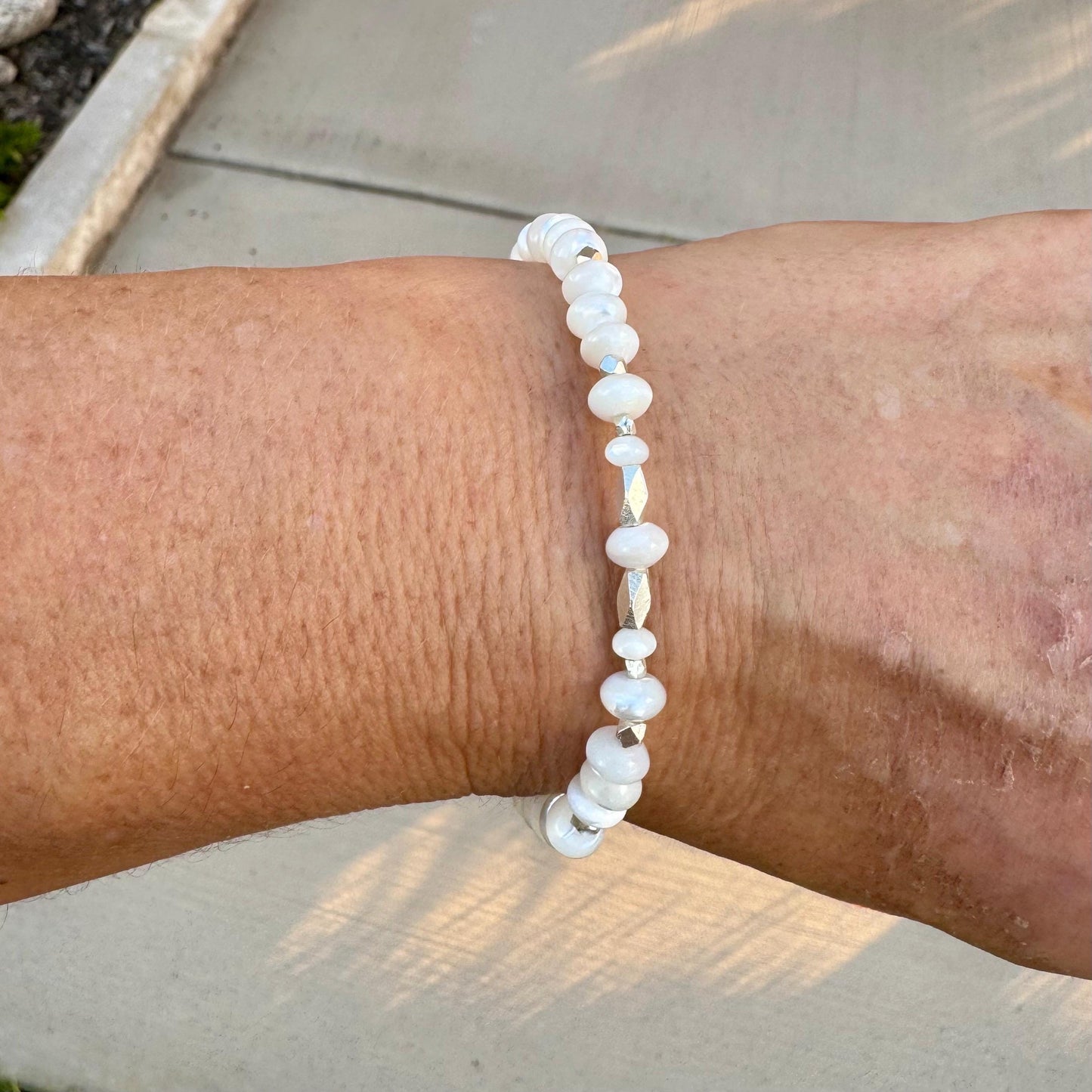 Stretch Mother of Pearl Bracelet - Sterling Silver Gemstone Jewelry