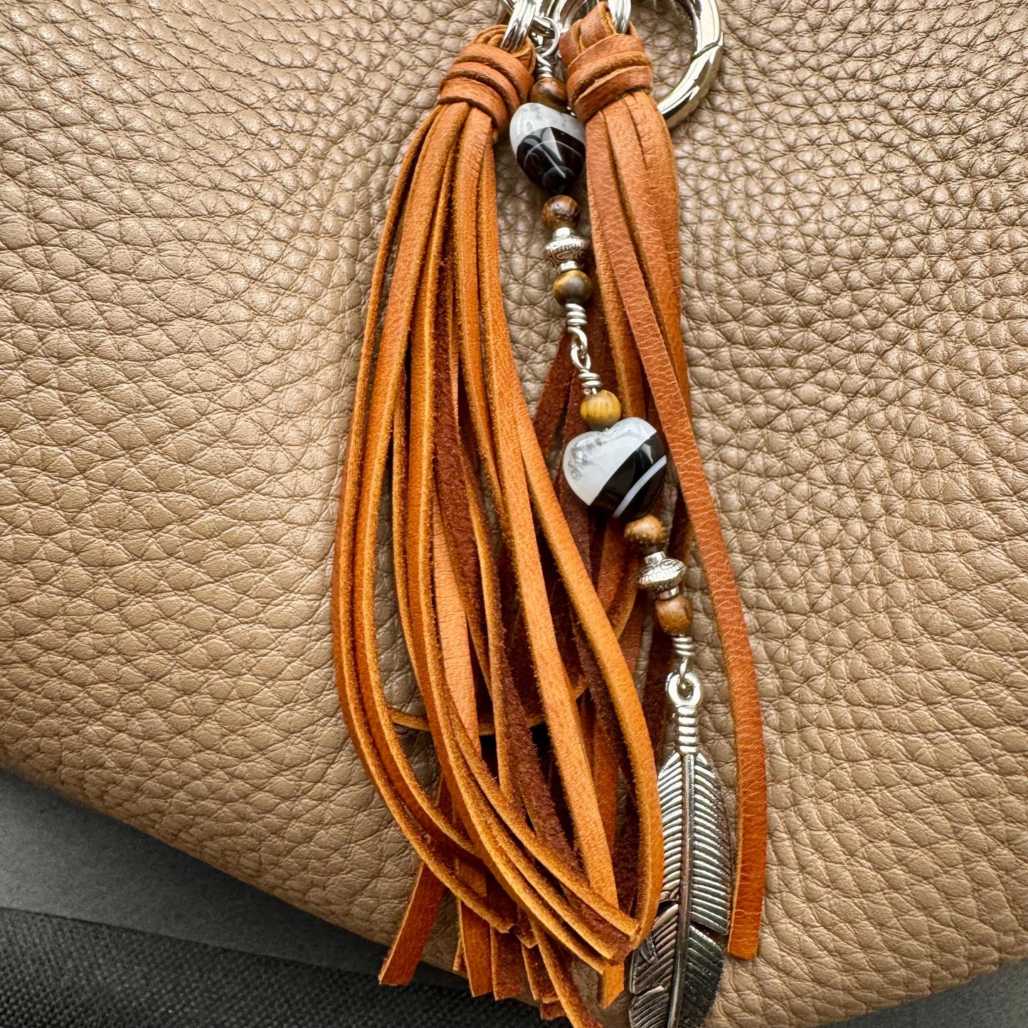 Black Agate Purse Charm • Leather Tassel Bag Charm • Heart Gemstone Keychain