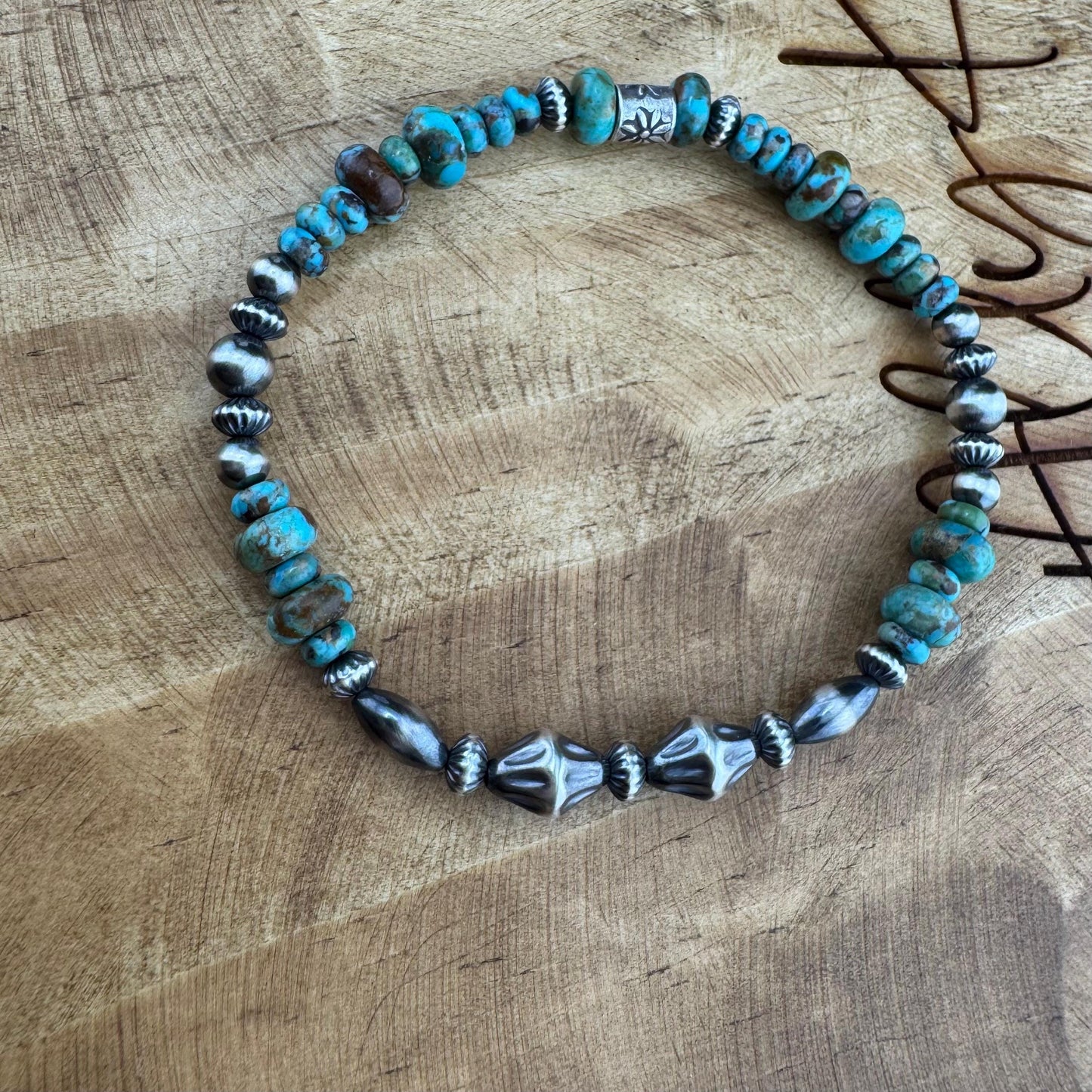 Kingman Turquoise Navajo Pearl Sterling Silver Stretch Bracelet - Turquoise Gemstone Jewelry