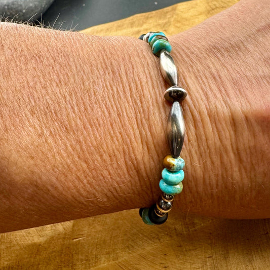 Southwestern Kingman Turquoise Onyx Bracelet - Navajo Pearl Sterling Silver Jewelry