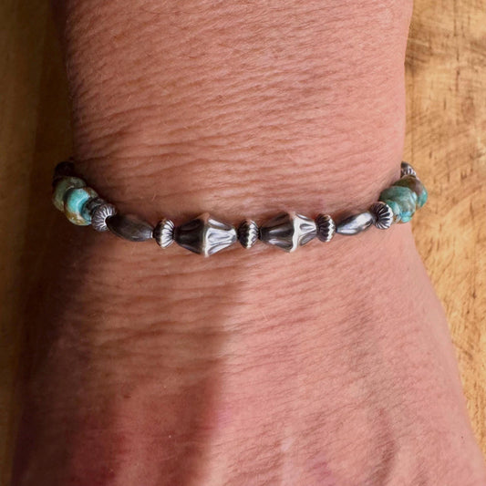 Kingman Turquoise Navajo Pearl Sterling Silver Stretch Bracelet - Turquoise Gemstone Jewelry