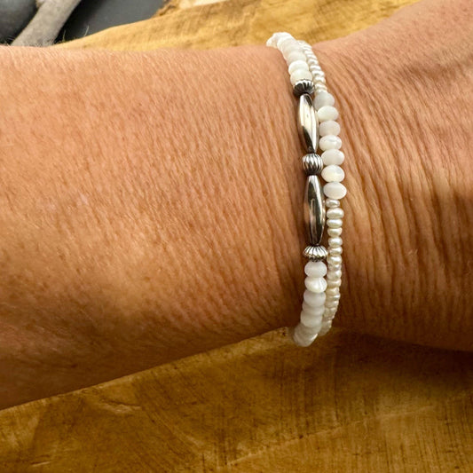 Navajo Pearl Double Wrap Bracelet with Sterling Silver and Pearl Beads