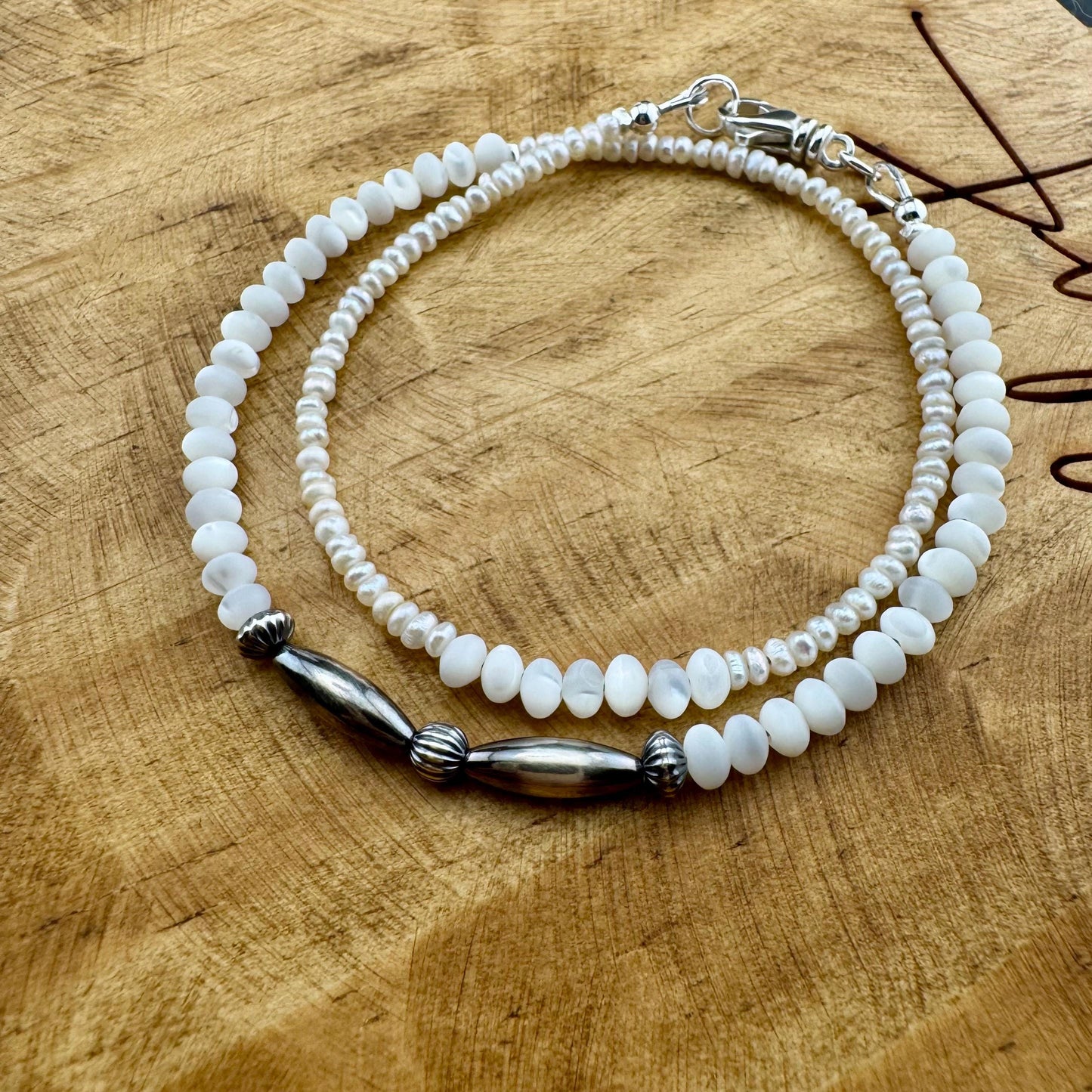Navajo Pearl Double Wrap Bracelet with Sterling Silver and Pearl Beads