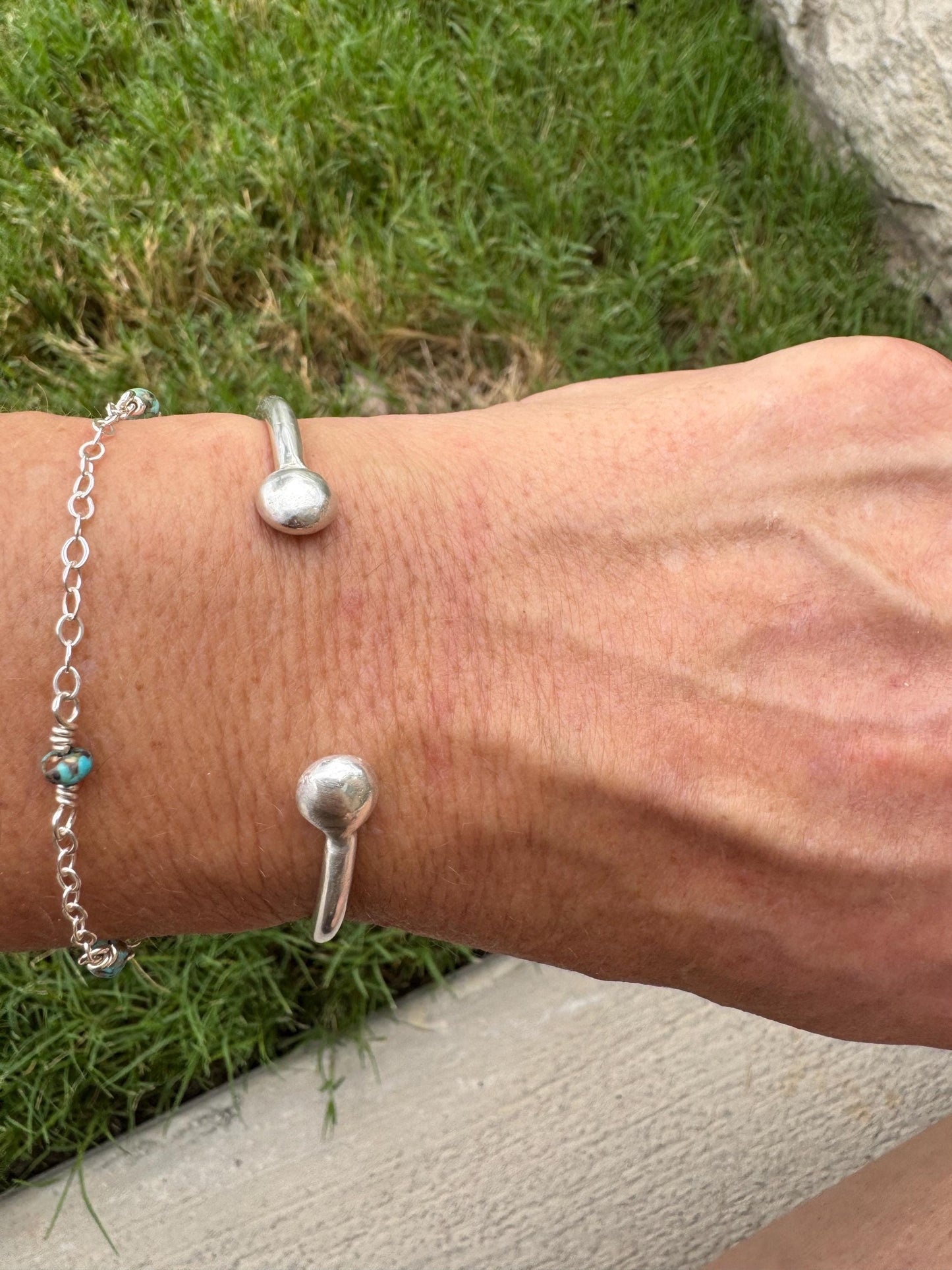 Handmade Sterling Silver Ball End Cuff Bracelet - Adjustable Style