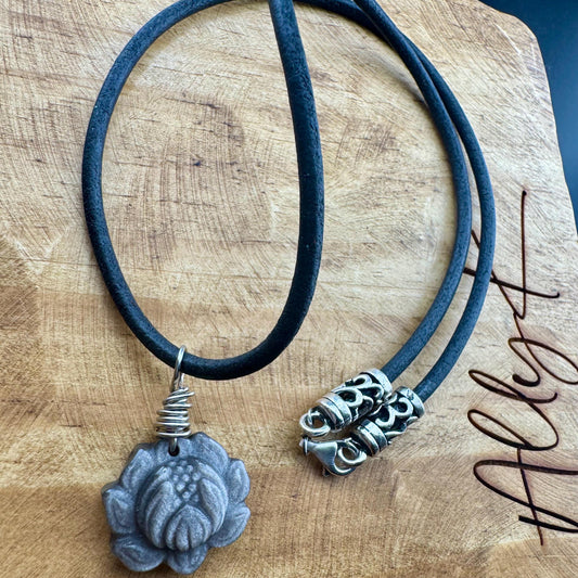 Hand Carved Silver Obsidian Lotus Pendant Leather Necklace - Artisan Jewelry