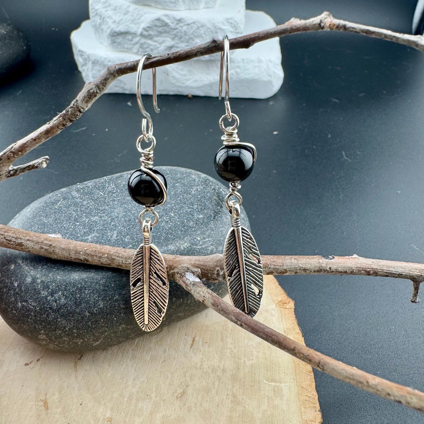 Obsidian Feather Dangle Earrings, Sterling Silver Handmade Jewelry