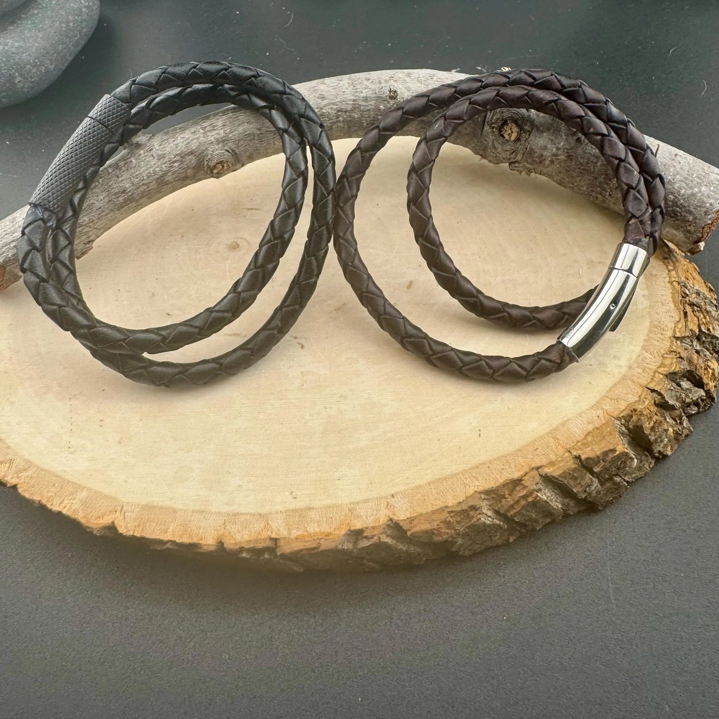 Double Wrap Leather Bracelet • 5mm Braided Leather • Bayonet Clasp