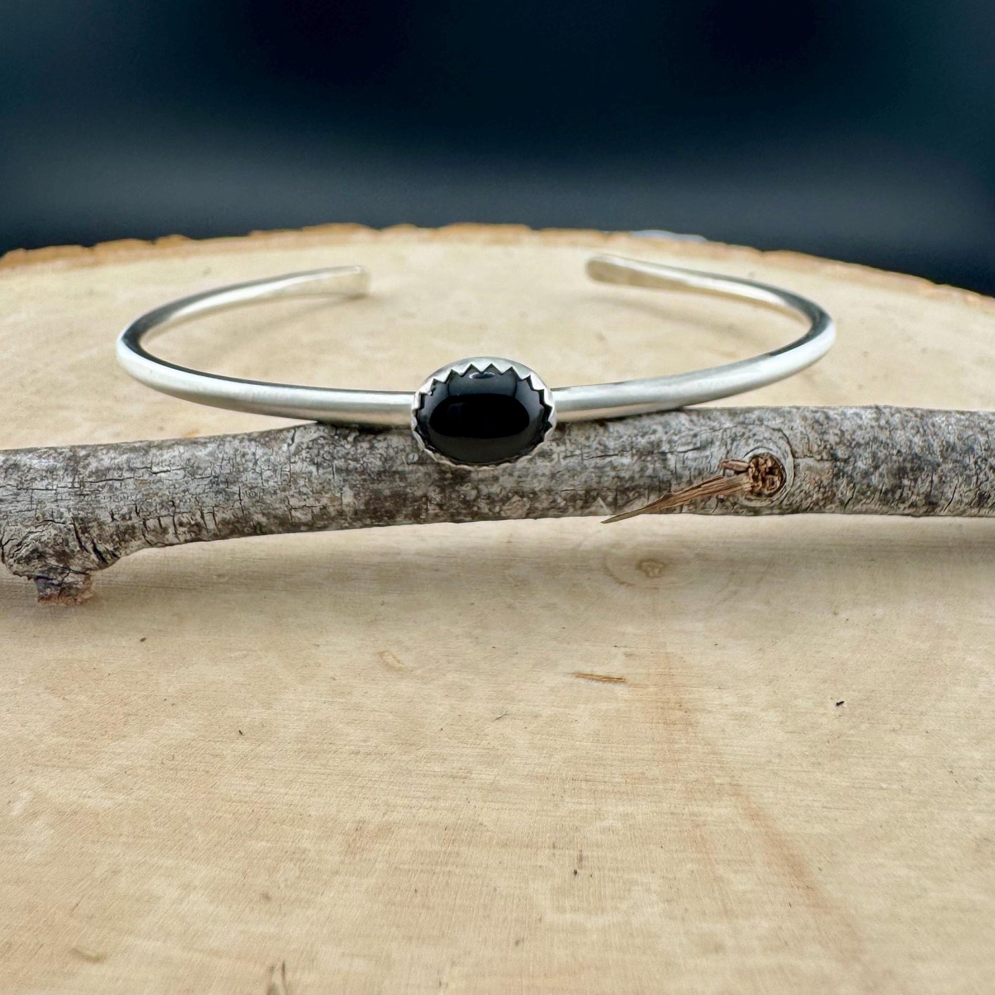 Onyx Bezel Cuff Bracelet - Handcrafted Adjustable Sterling Silver Jewelry