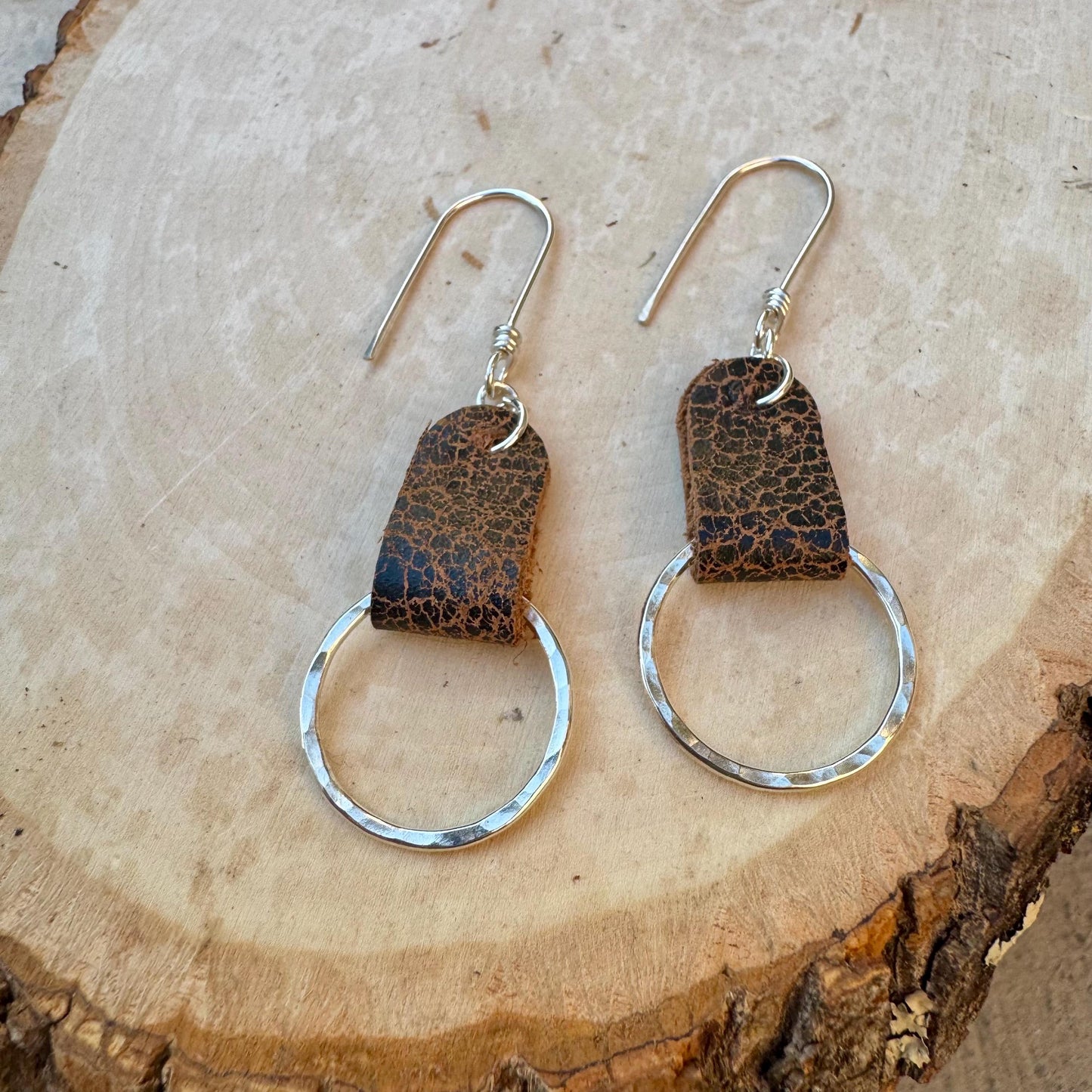 Chic Leather Earrings on Hammered Silver Circle - Handcrafted Leather Statement Jewelry