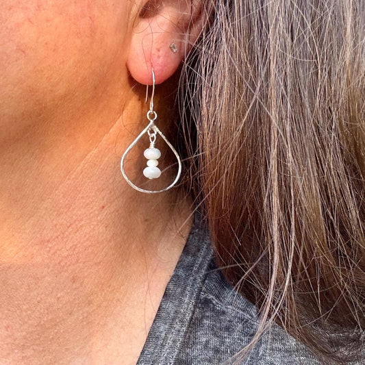 Teardrop Mother of Pearl Gemstone Earrings, Sterling Silver Dangle - Unique Gift For Her