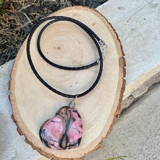 Pink Rhodonite Heart Pendant Leather Necklace - Handcrafted Natural Stone Jewelry