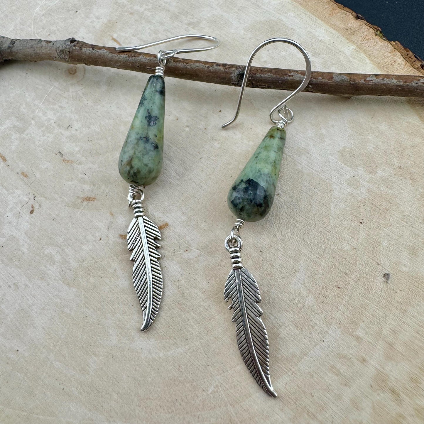 African Turquoise Gemstone Feather Dangle Earrings in Sterling Silver