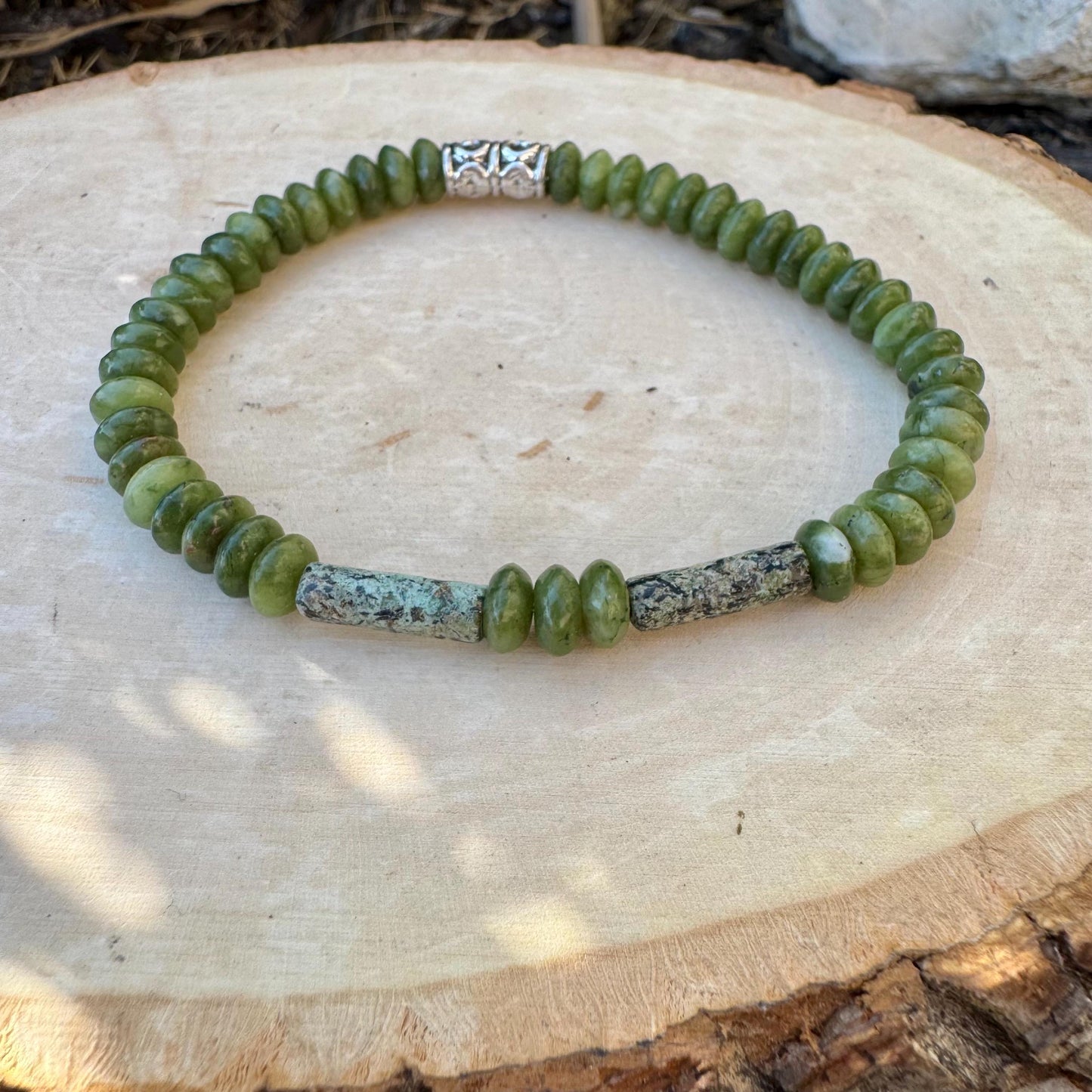 Natural Russian Jade and African Turquoise Stretch Bracelet- Natural Gemstone Jewelry