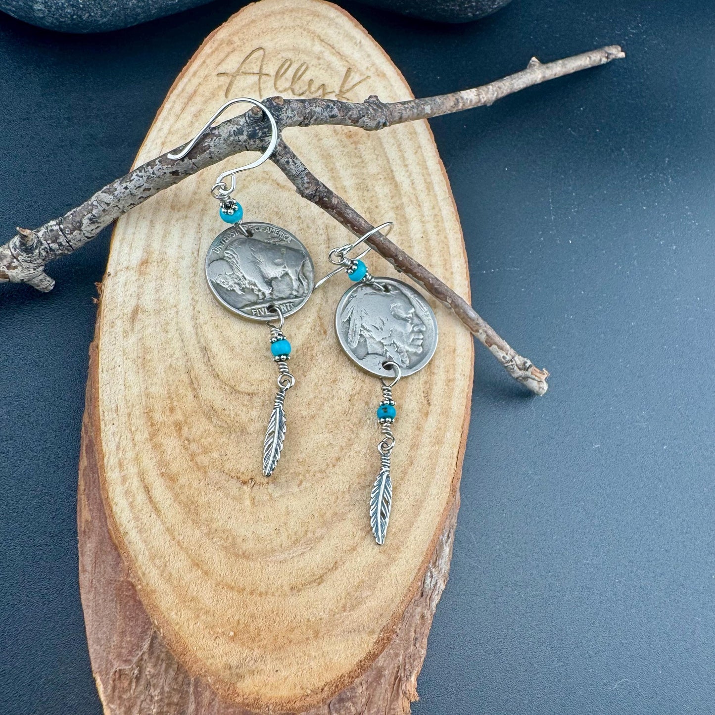 Southwest Sterling Silver Feather Drop Earrings with Turquoise & Buffalo Nickel