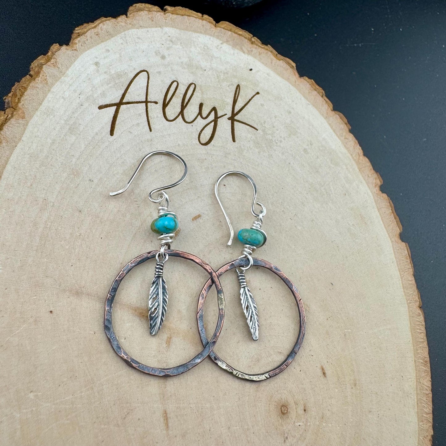 Kingman Turquoise Earrings with Feather Dangle - Copper and Sterling Silver Handcrafted Earrings