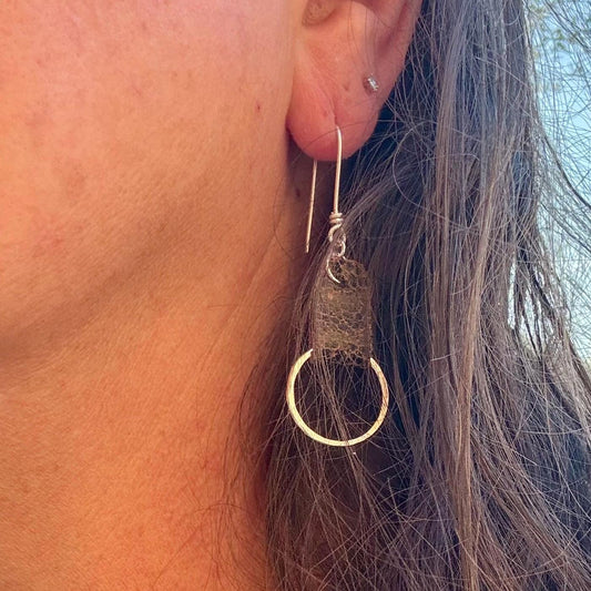 Chic Leather Earrings on Hammered Silver Circle - Handcrafted Leather Statement Jewelry
