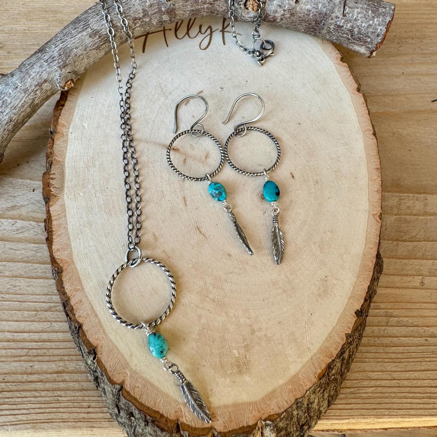 Royston Turquoise Sterling Silver Necklace: Circle Pendant with Feather Accent