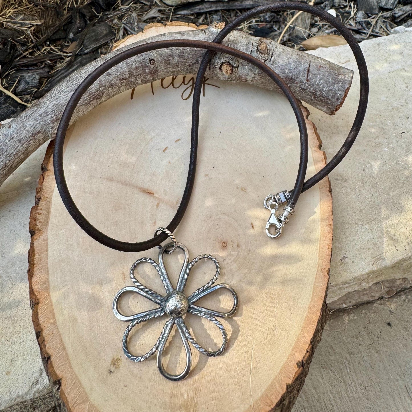 Handmade Sterling Silver Flower Pendant on Genuine Leather Necklace