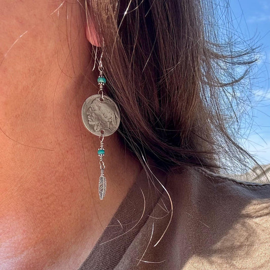 Southwest Sterling Silver Feather Drop Earrings with Turquoise & Buffalo Nickel