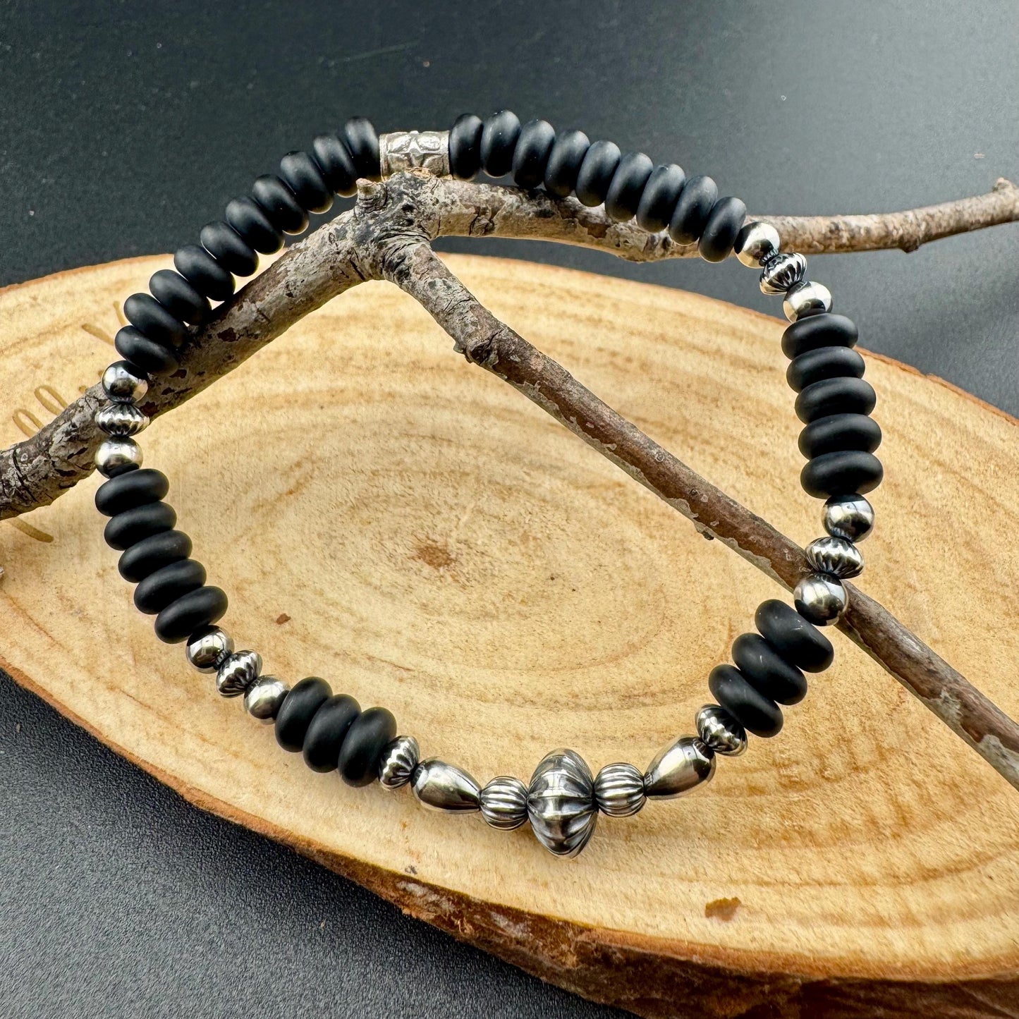 Navajo Pearl Onyx Bracelet | Elegant Sterling Silver Gemstone Stretch Bracelet