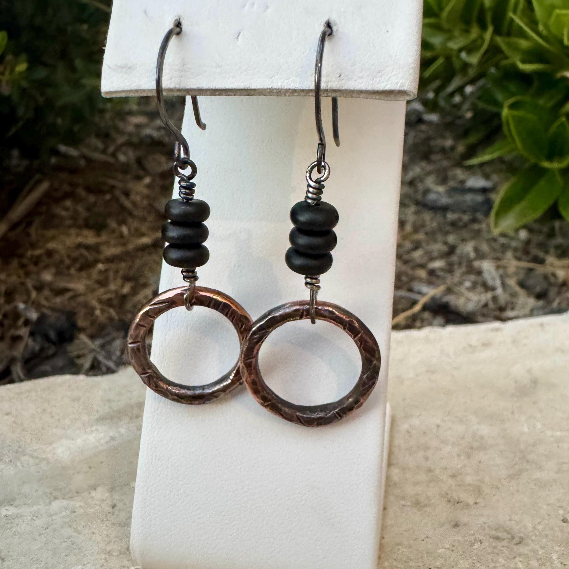 Handcrafted Copper & Sterling Silver Earrings with Onyx Gemstone - Mixed Metal Design